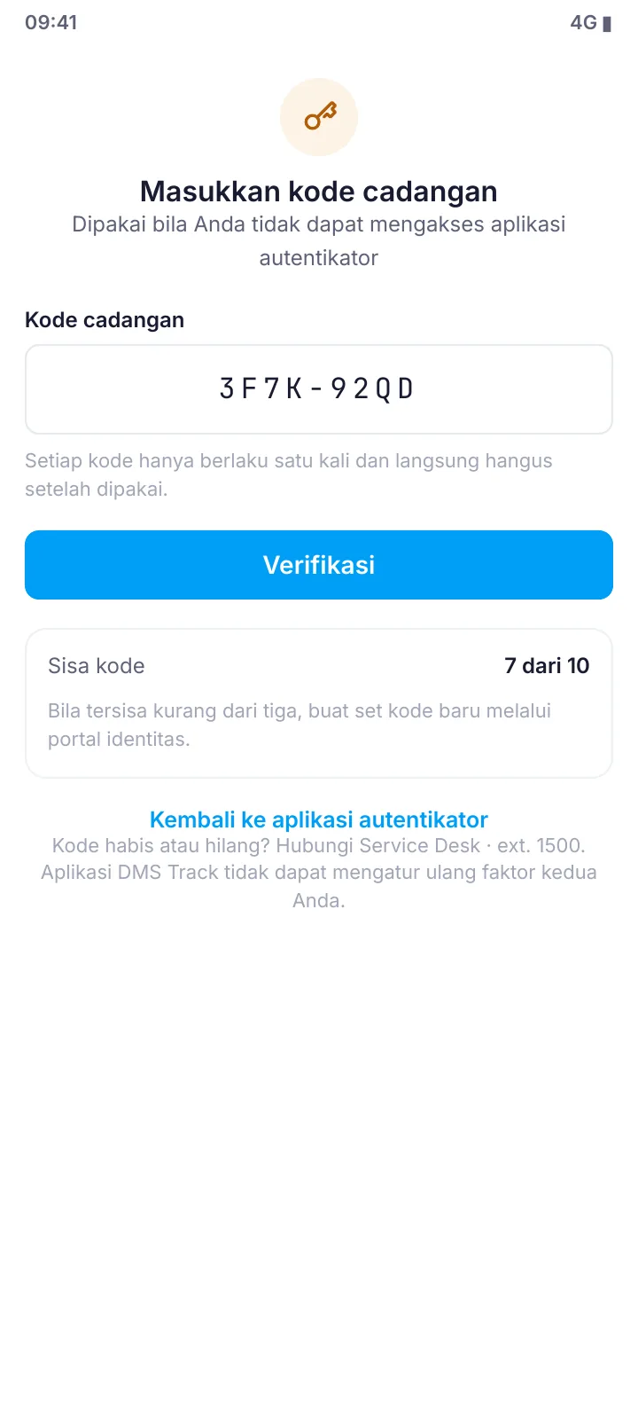 Layar mobile: Kode cadangan